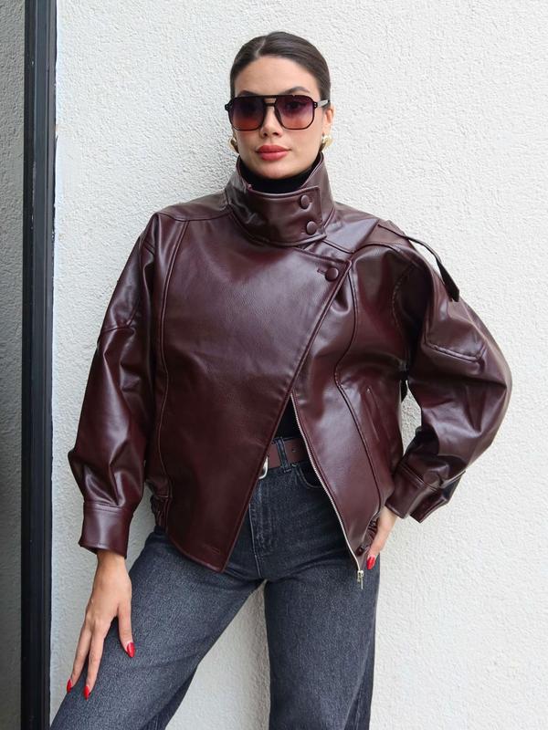 🔥Solange der Vorrat reicht 40 % Rabatt!🎉Schwarze Kunstlederjacke mit Stehkragen, übergroße Motorradjacke