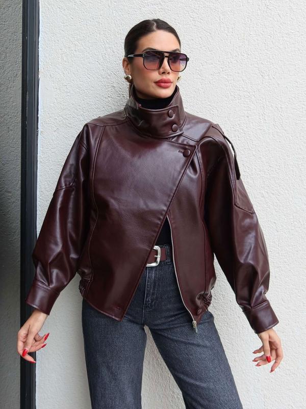 🔥Solange der Vorrat reicht 40 % Rabatt!🎉Schwarze Kunstlederjacke mit Stehkragen, übergroße Motorradjacke