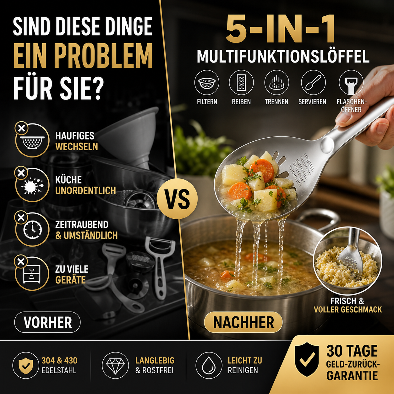🥄5‑in‑1‑Küchenlöffel | Sieben , Zerkleinern , Öffnen , weniger Küchenchaos