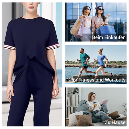 Damen-Zweiteiler: Gestreiftes T-Shirt & Jogginghose mit weitem Bein