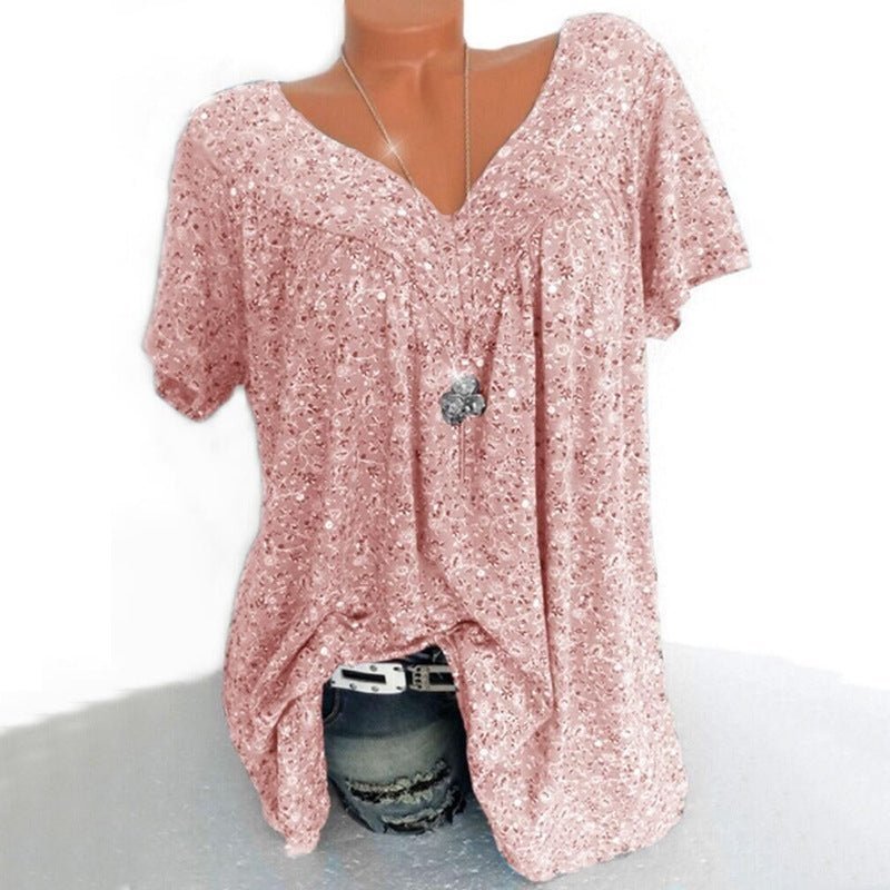 👚 50% RABATT! 🌸 Damen Kurzarmbluse mit Frühlingsblumenprint – V-Ausschnitt, Atmungsaktiv & Knitterfrei 🌿