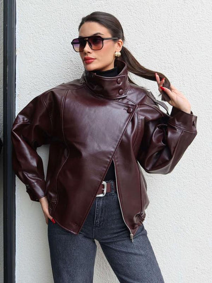 🔥Solange der Vorrat reicht 40 % Rabatt!🎉Schwarze Kunstlederjacke mit Stehkragen, übergroße Motorradjacke