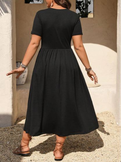👗 50% RABATT! ⏰ Midi-Kleid in Übergröße mit V-Ausschnitt & Rüschen – Kurze Ärmel, weicher Stoff – Perfekt für warme Tage, elegante Anlässe oder den Alltag – bequem & stilvoll ✨🌸