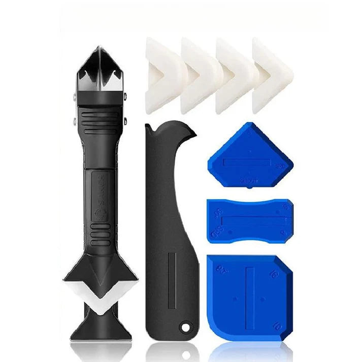 🔥 9-teiliges Silikon-Dichtwerkzeug-Set, 3-in-1-Werkzeug zur Entfernung von Fugen (Edelstahlkopf) und Schabberhilfe zum Entfernen von Fugenmaterial, Entferner für Dichtungsmittel für Küche/Bad/Fenster