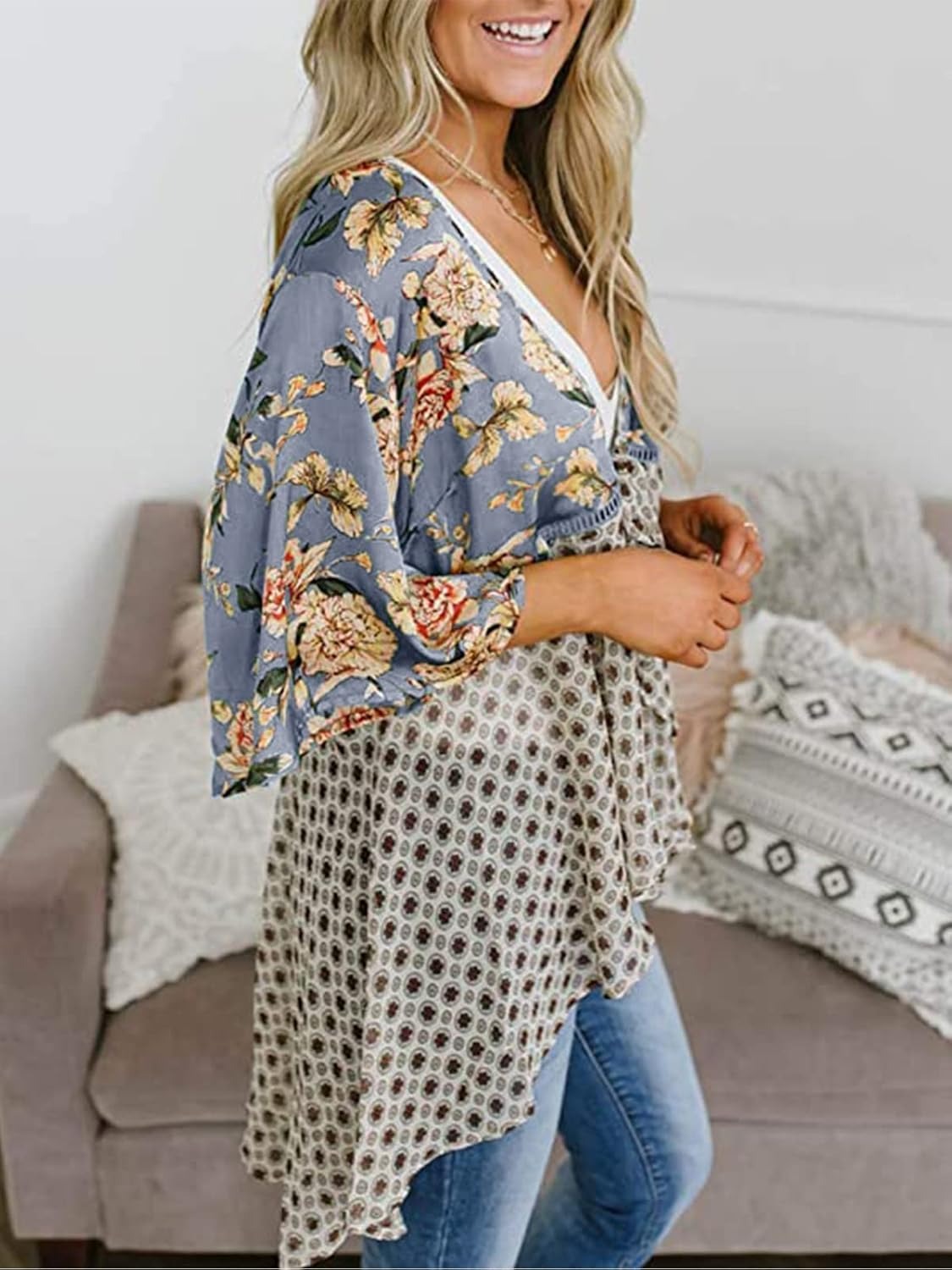📢📢Großer Ausverkauf läuft!⏰🌸Damen-Kimonos mit Blumenmuster, Rüschenärmeln und Bindegürtel – luftige Boho-Cardigans im lockeren Schnitt