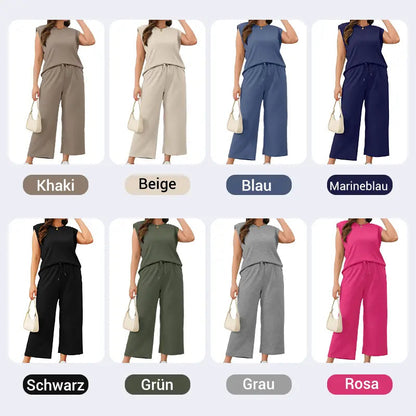🌺2025 Neue Frauen Casual Cap Sleeve Top Wide Leg Crop Pants Zweiteilige Sets🌺