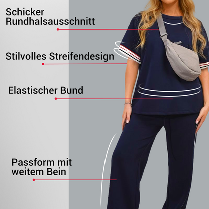 Damen-Zweiteiler: Gestreiftes T-Shirt & Jogginghose mit weitem Bein