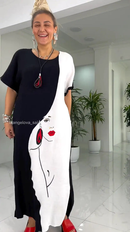 🌼49% Rabatt👗Schönes, lockeres Maxikleid mit abstraktem Gesichtsdruck in Schwarz und Weiß
