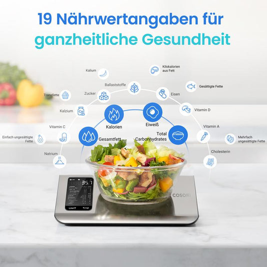 ⚖️📊 Küchenwaage digital – misst 19 Nährwerte & Kalorien per App, 5kg Edelstahl 🥗✅ für gesunde Ernährung & Gewichtsverlust