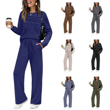 🔥LETZTER TAG 50 % RABATT💓Set aus Damen-Oberteil mit Rundhalsausschnitt und Hose mit Kordelzug💯