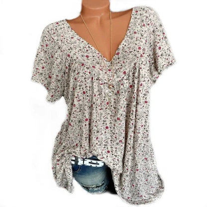 👚 50% RABATT! 🌸 Damen Kurzarmbluse mit Frühlingsblumenprint – V-Ausschnitt, Atmungsaktiv & Knitterfrei 🌿