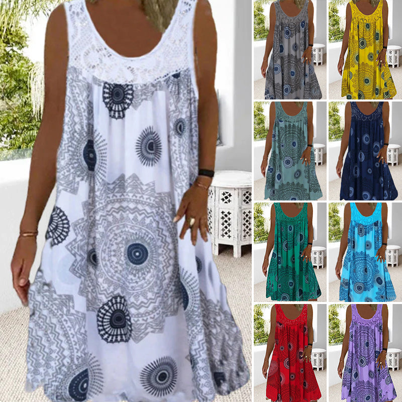 🎁Saldi eccezionali 50% di sconto⏳Abito estivo da donna con stampa senza maniche e scollo a O