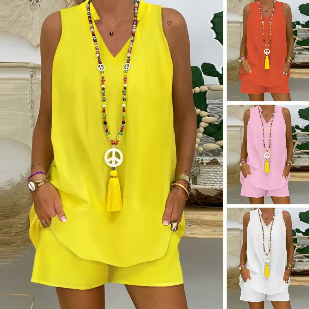 💞Ny ensfarget fritidsdress uten ermer og krage