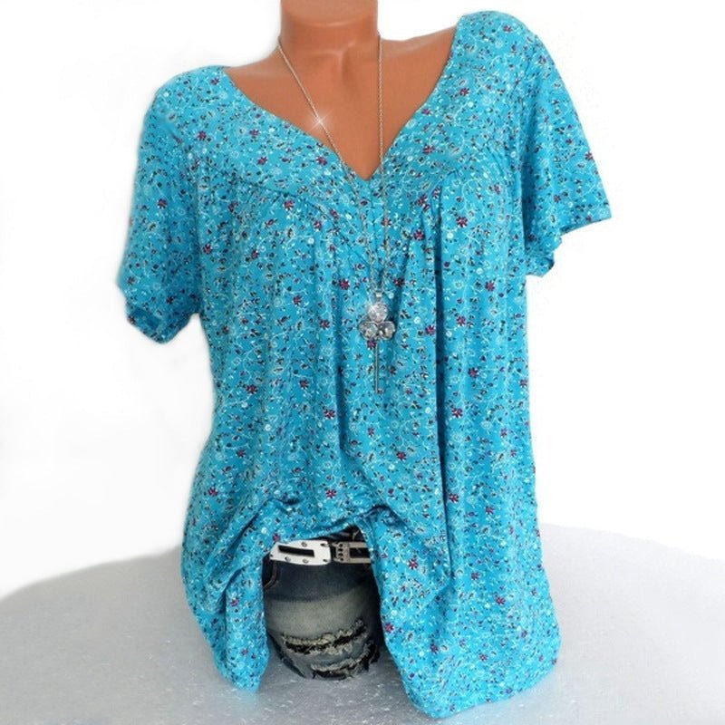 👚 50% RABATT! 🌸 Damen Kurzarmbluse mit Frühlingsblumenprint – V-Ausschnitt, Atmungsaktiv & Knitterfrei 🌿
