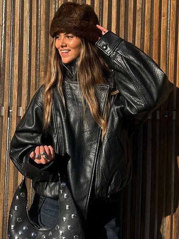 🔥Solange der Vorrat reicht 40 % Rabatt!🎉Schwarze Kunstlederjacke mit Stehkragen, übergroße Motorradjacke