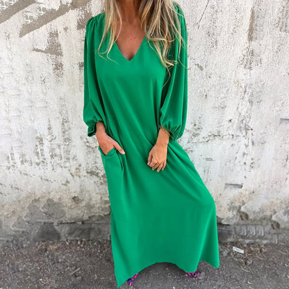 🔥Saldi eccezionali 49% di sconto🔥Abito con maniche a lanterna in tinta unita con scollo a V