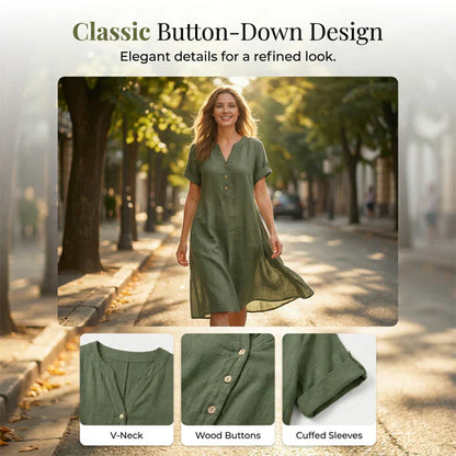 🔥Letzter Tag: 50% Rabatt!⏰👗Rabatt Damen Tunika-Kleid mit V-Ausschnitt & Taschen 🌊 Lässiges Kleid in Leinenoptik für Sommer, Strand & Alltag