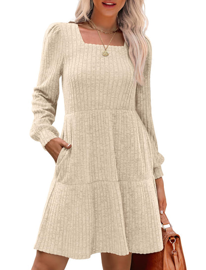 🔥Solange der Vorrat reicht 40 % Rabatt!🎉 🍂Damen geripptes Kleid mit quadratischem Ausschnitt und Laternenärmeln