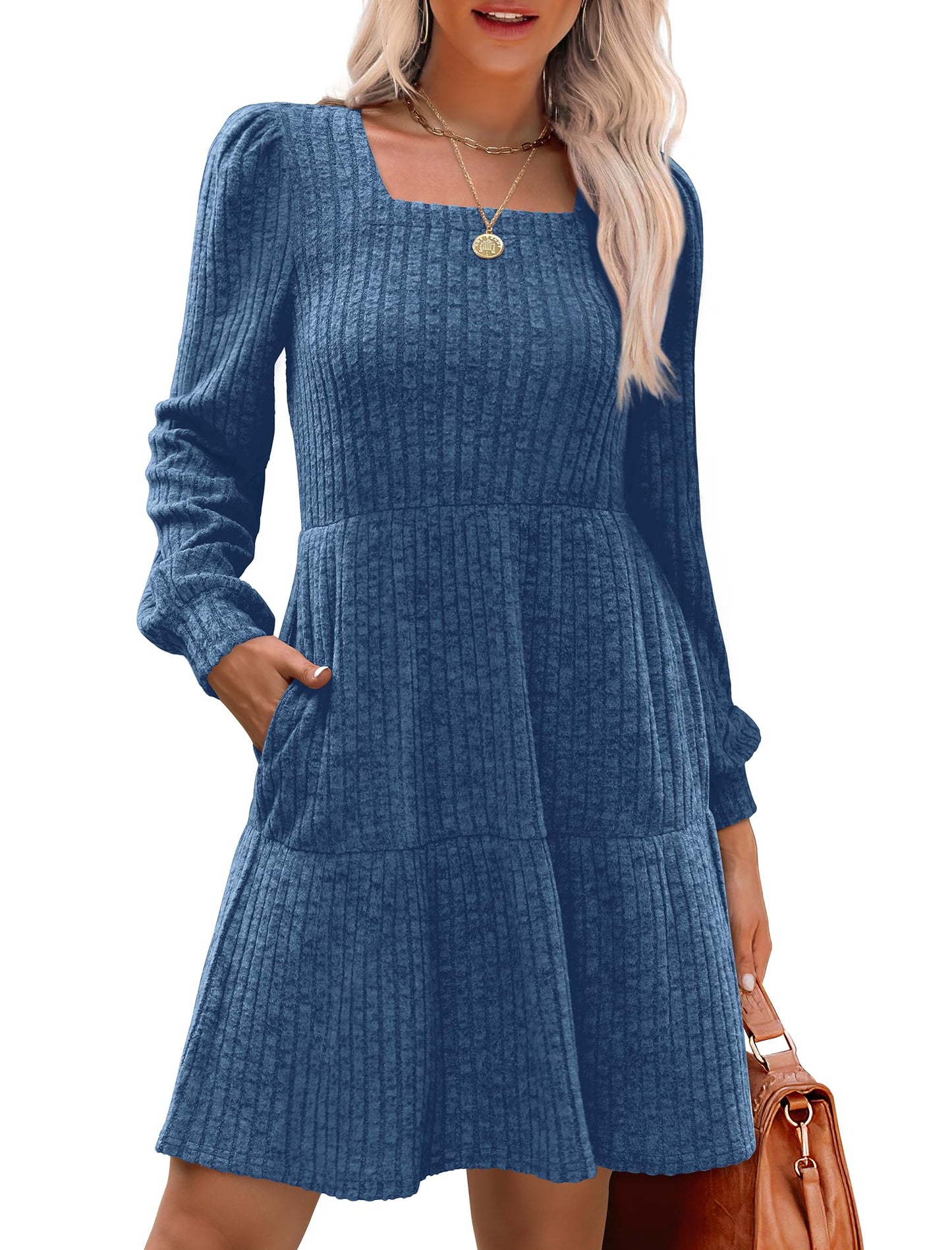 🔥Solange der Vorrat reicht 40 % Rabatt!🎉 🍂Damen geripptes Kleid mit quadratischem Ausschnitt und Laternenärmeln