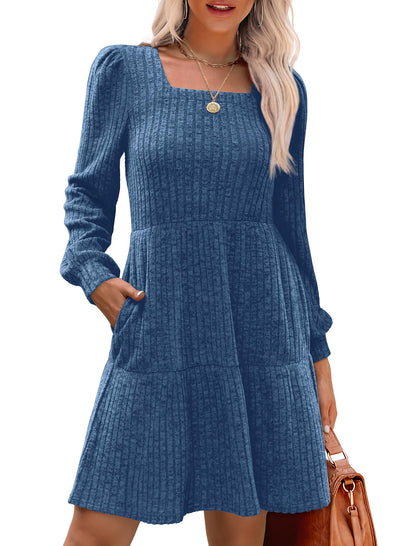 🔥Solange der Vorrat reicht 40 % Rabatt!🎉 🍂Damen geripptes Kleid mit quadratischem Ausschnitt und Laternenärmeln