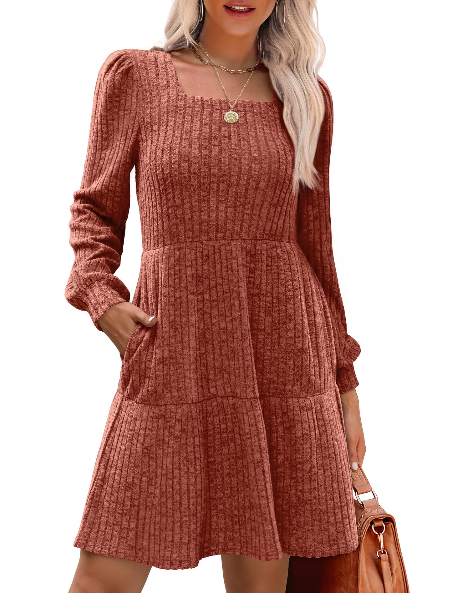 🔥Solange der Vorrat reicht 40 % Rabatt!🎉 🍂Damen geripptes Kleid mit quadratischem Ausschnitt und Laternenärmeln