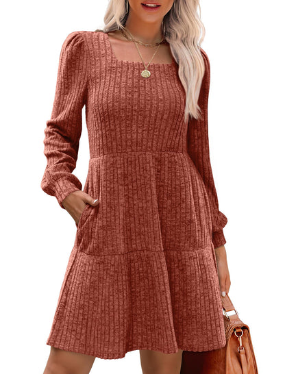 🔥Solange der Vorrat reicht 40 % Rabatt!🎉 🍂Damen geripptes Kleid mit quadratischem Ausschnitt und Laternenärmeln