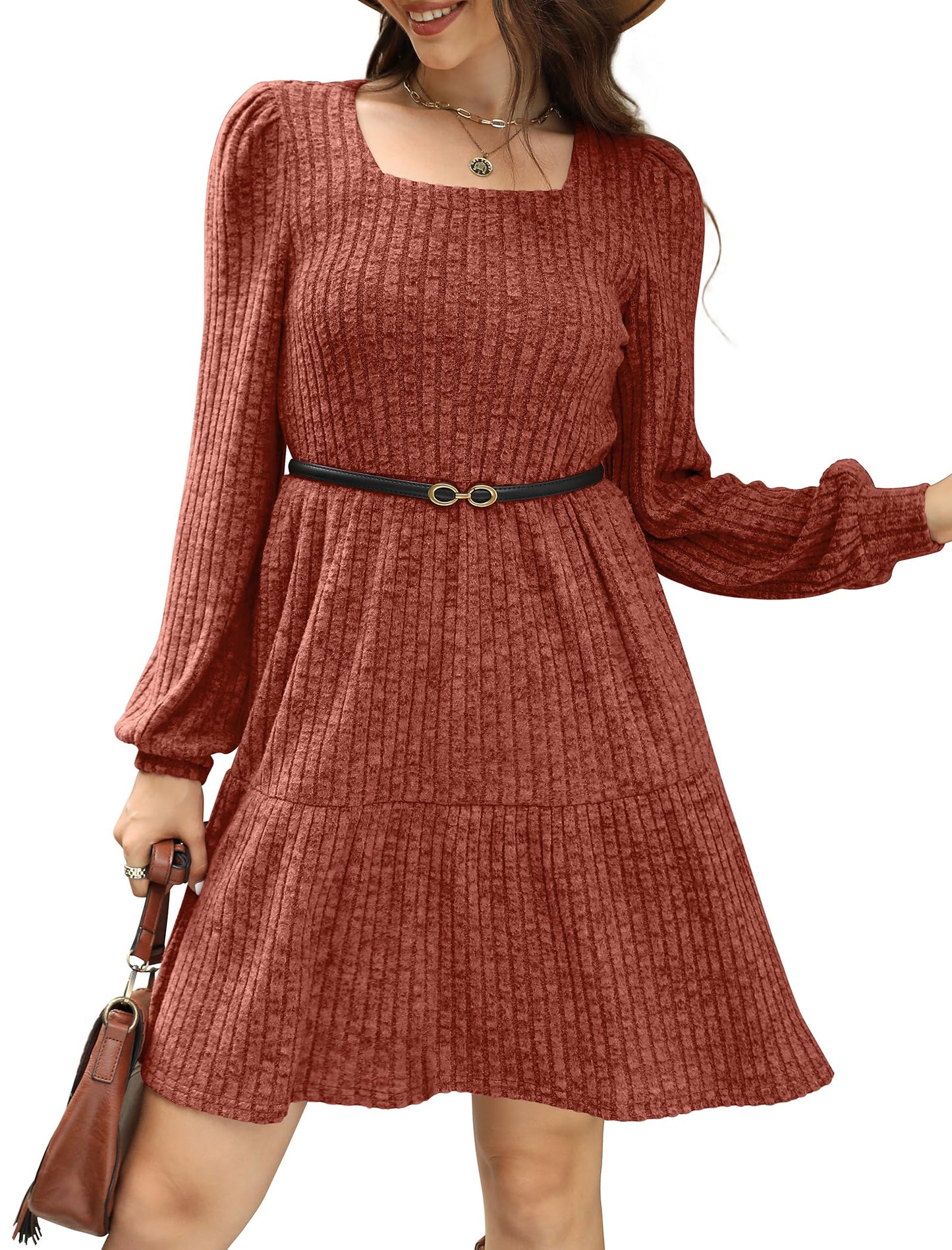 🔥Solange der Vorrat reicht 40 % Rabatt!🎉 🍂Damen geripptes Kleid mit quadratischem Ausschnitt und Laternenärmeln