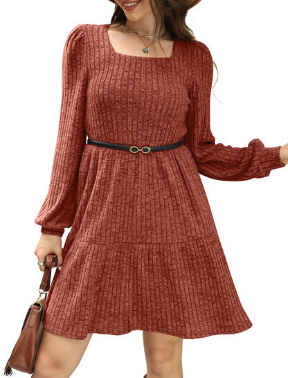 🔥Solange der Vorrat reicht 40 % Rabatt!🎉 🍂Damen geripptes Kleid mit quadratischem Ausschnitt und Laternenärmeln