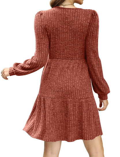 🔥Solange der Vorrat reicht 40 % Rabatt!🎉 🍂Damen geripptes Kleid mit quadratischem Ausschnitt und Laternenärmeln