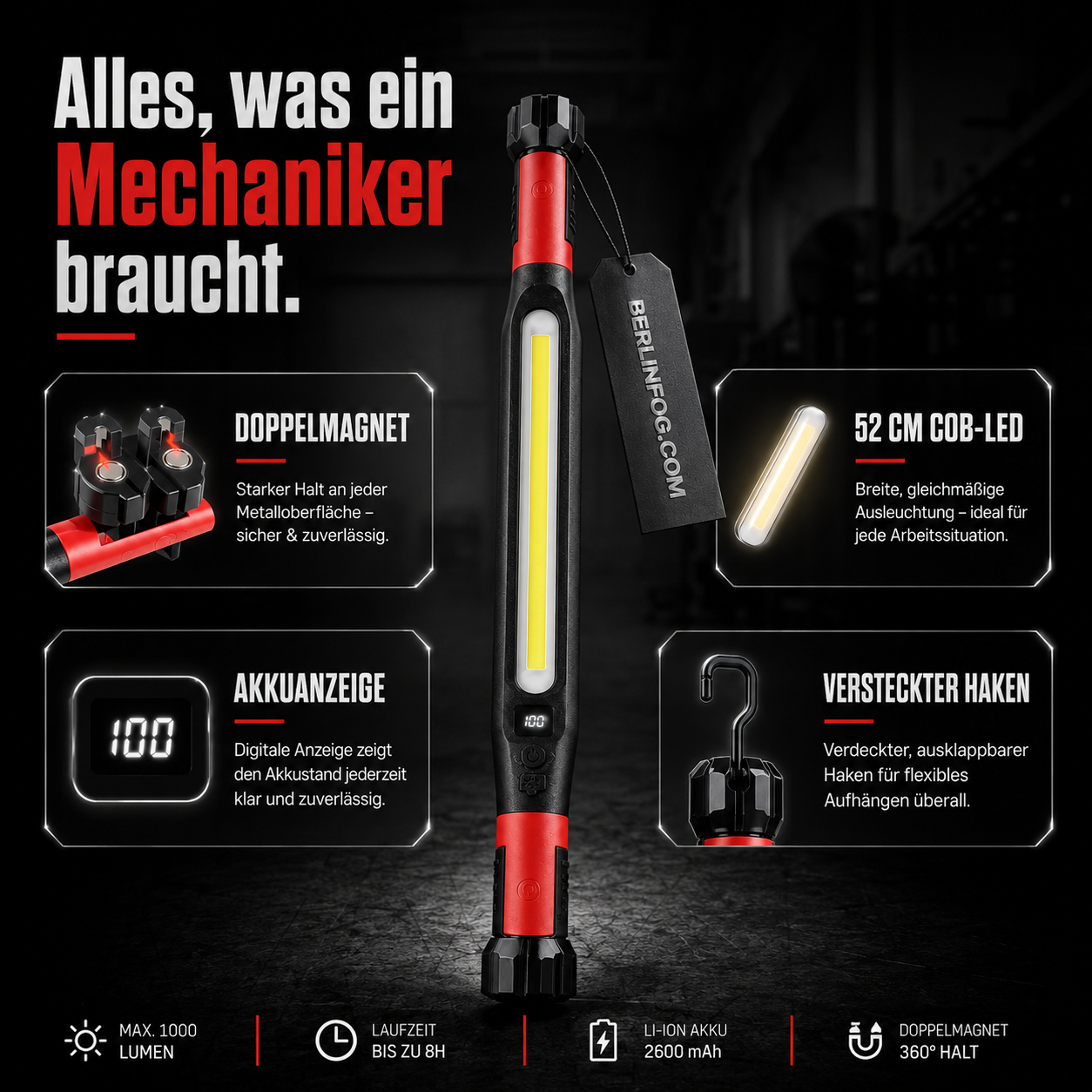 💥 50% RABATT! 🔧Wiederaufladbare Werkstattleuchte – 3000 LM, IPX4 wassergeschützt & 360° Haken