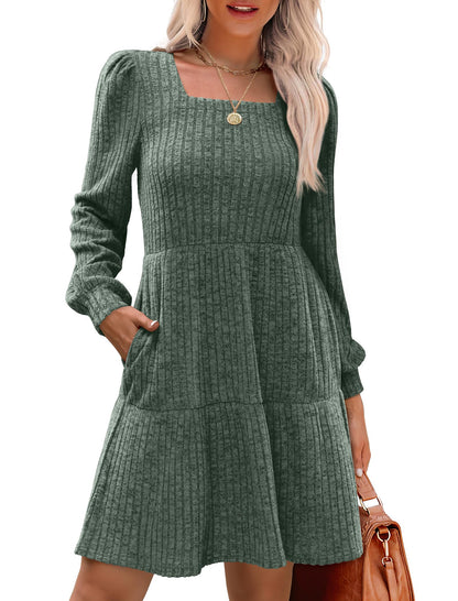 🔥Solange der Vorrat reicht 40 % Rabatt!🎉 🍂Damen geripptes Kleid mit quadratischem Ausschnitt und Laternenärmeln