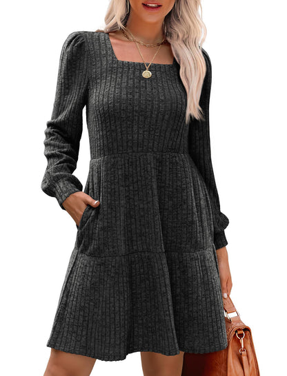 🔥Solange der Vorrat reicht 40 % Rabatt!🎉 🍂Damen geripptes Kleid mit quadratischem Ausschnitt und Laternenärmeln