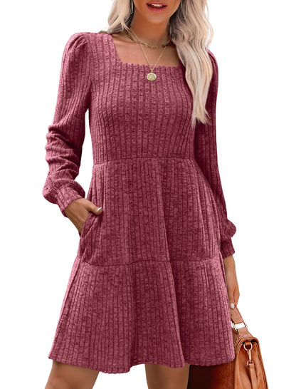 🔥Solange der Vorrat reicht 40 % Rabatt!🎉 🍂Damen geripptes Kleid mit quadratischem Ausschnitt und Laternenärmeln