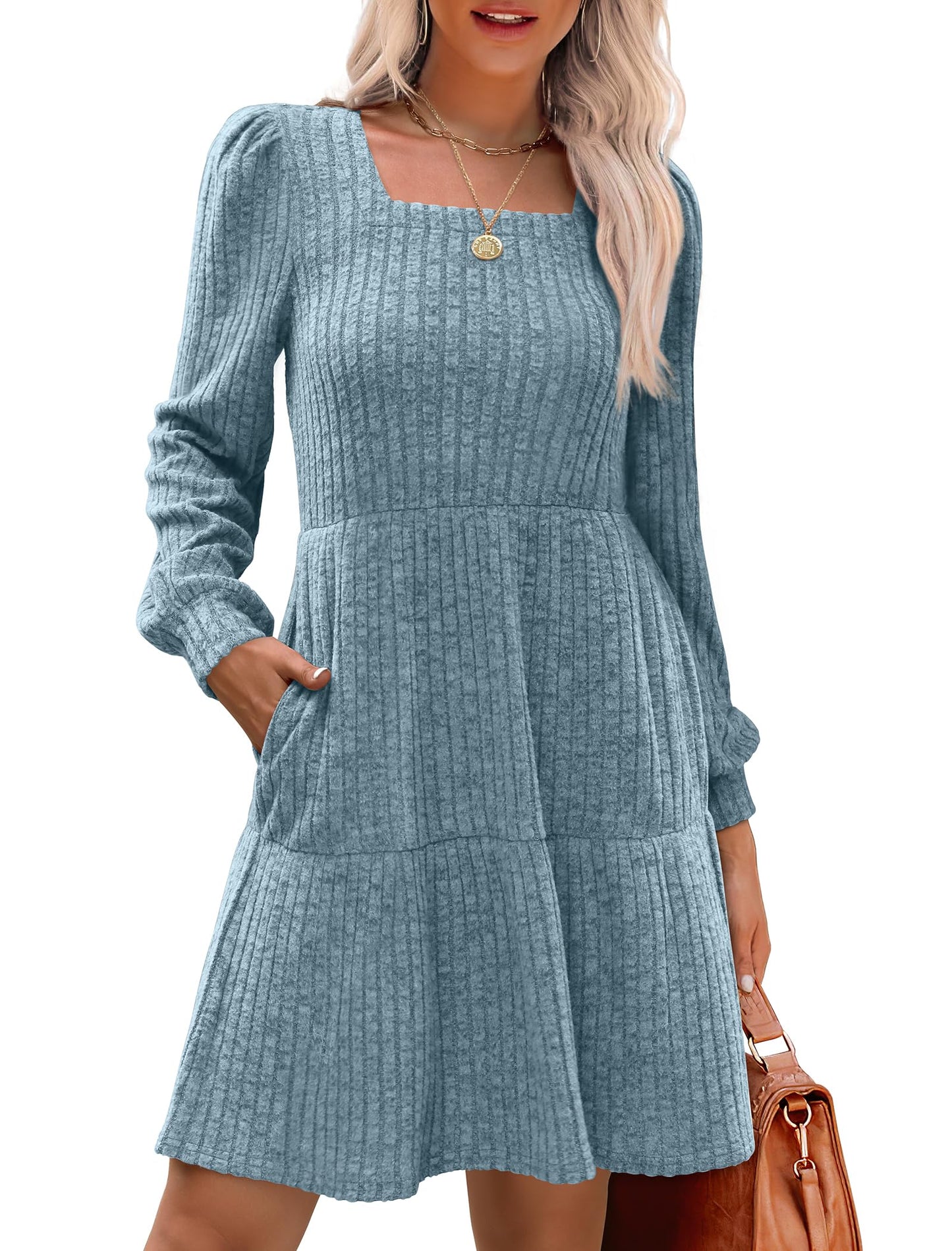 🔥Solange der Vorrat reicht 40 % Rabatt!🎉 🍂Damen geripptes Kleid mit quadratischem Ausschnitt und Laternenärmeln