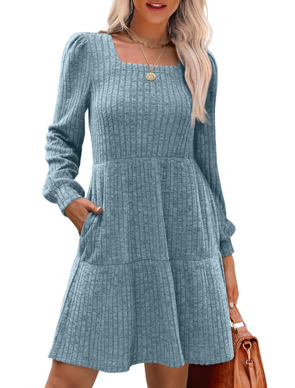 🔥Solange der Vorrat reicht 40 % Rabatt!🎉 🍂Damen geripptes Kleid mit quadratischem Ausschnitt und Laternenärmeln