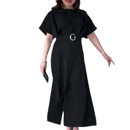 Elegante vestido redondo de cuello con cintura alta y ranura (con cinturón)