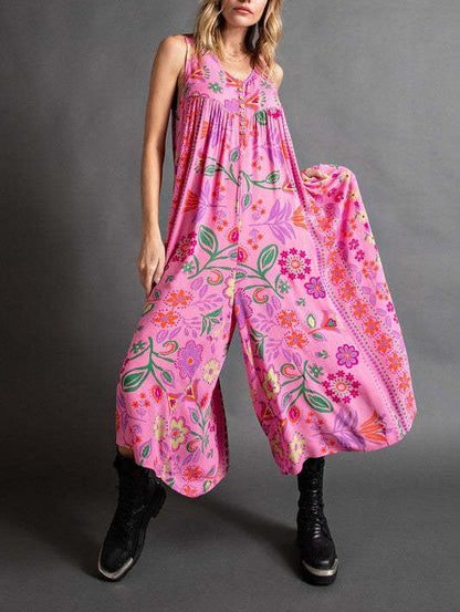 🔥50 % rabatt i spesialtilbud🔥Løs ermeløs jumpsuit i vintage-stil med blomstertrykk
