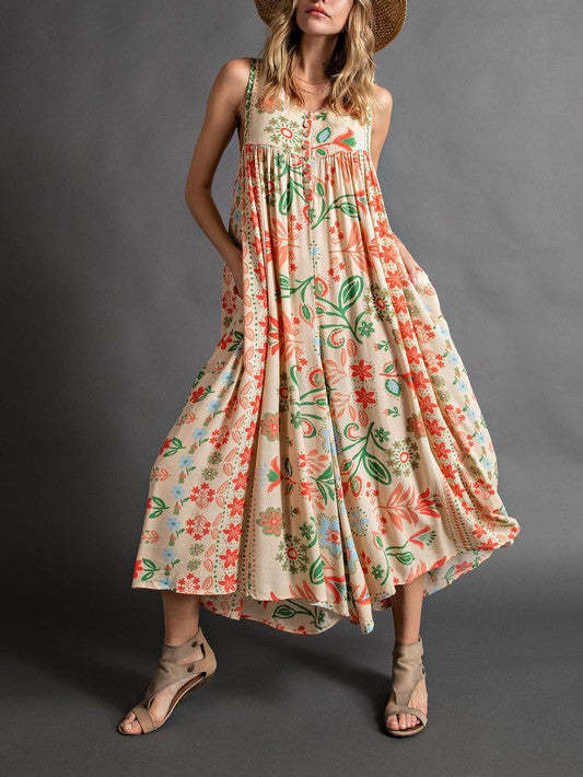 🔥50 % rabatt i spesialtilbud🔥Løs ermeløs jumpsuit i vintage-stil med blomstertrykk
