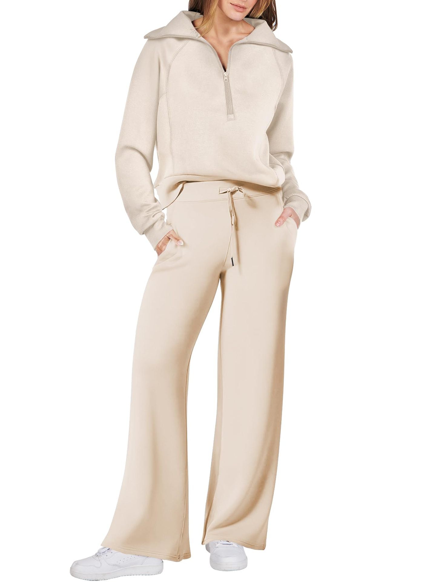 🔥Damen-Loungeset aus 2 Teilen mit Oversize-Schnitt, halbem Reißverschluss und weitem Bein