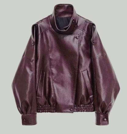 🔥Solange der Vorrat reicht 40 % Rabatt!🎉Schwarze Kunstlederjacke mit Stehkragen, übergroße Motorradjacke