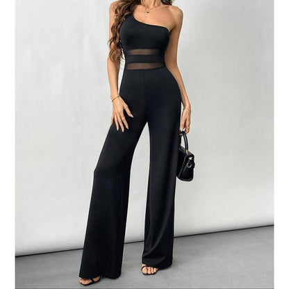 🔥Solange der Vorrat reicht 40 % Rabatt!🎉One-Shoulder Jumpsuit mit weitem Bein und Netzeinsatz