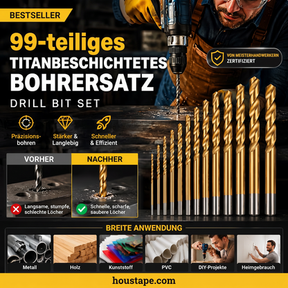 🔥Nur für kurze Zeit: 50 % Rabatt!🔧 Hocheffizientes Werkzeug, das von erfahrenen Handwerkern geschätzt wird! Direkt vom Hersteller: 99-teiliges Set titanbeschichteter Bohrer.
