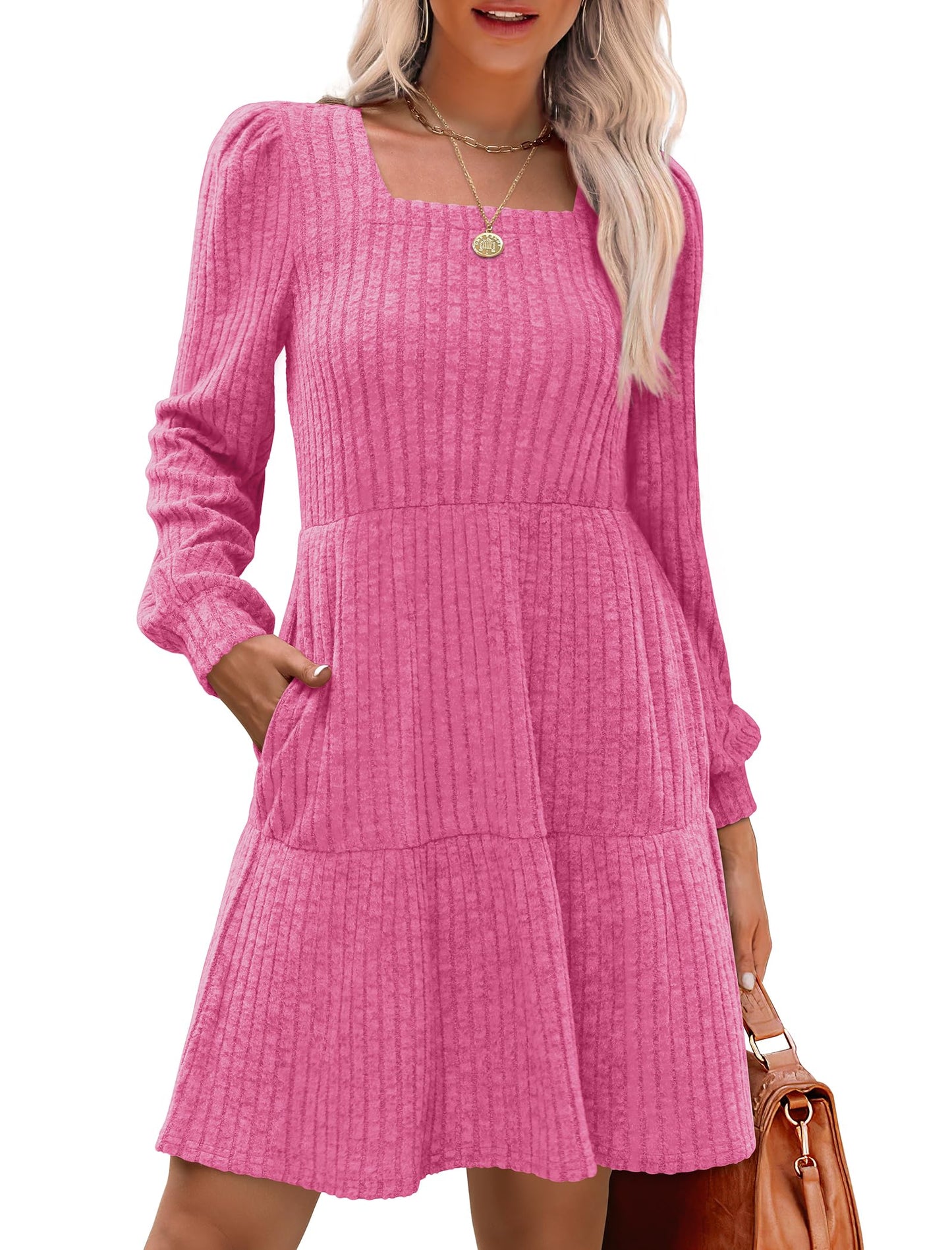 🔥Solange der Vorrat reicht 40 % Rabatt!🎉 🍂Damen geripptes Kleid mit quadratischem Ausschnitt und Laternenärmeln