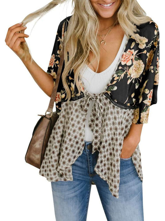 📢📢Großer Ausverkauf läuft!⏰🌸Damen-Kimonos mit Blumenmuster, Rüschenärmeln und Bindegürtel – luftige Boho-Cardigans im lockeren Schnitt