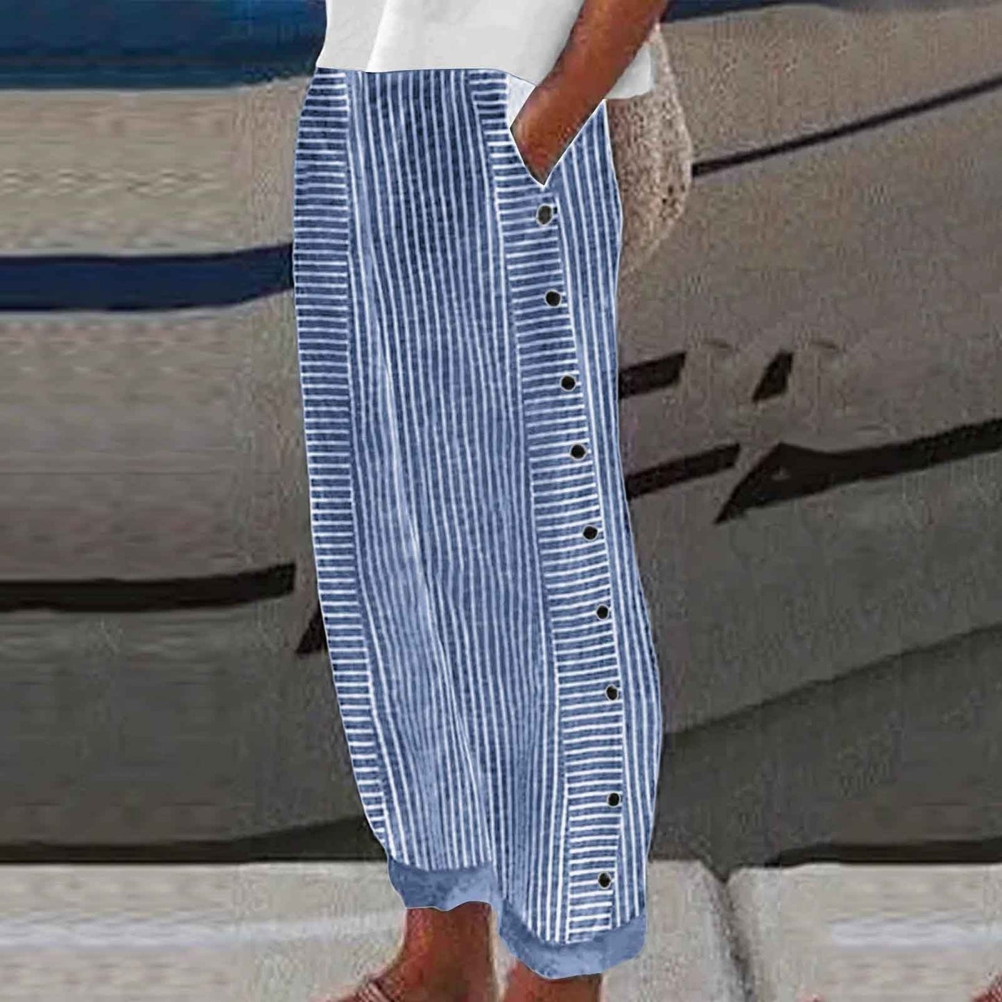 🔥Solange der Vorrat reicht 40 % Rabatt!🎉Bequeme blau gestreifte Hose mit Seitentaschen