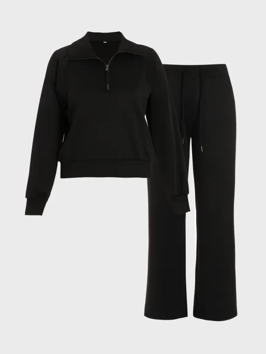 🔥Damen-Loungeset aus 2 Teilen mit Oversize-Schnitt, halbem Reißverschluss und weitem Bein