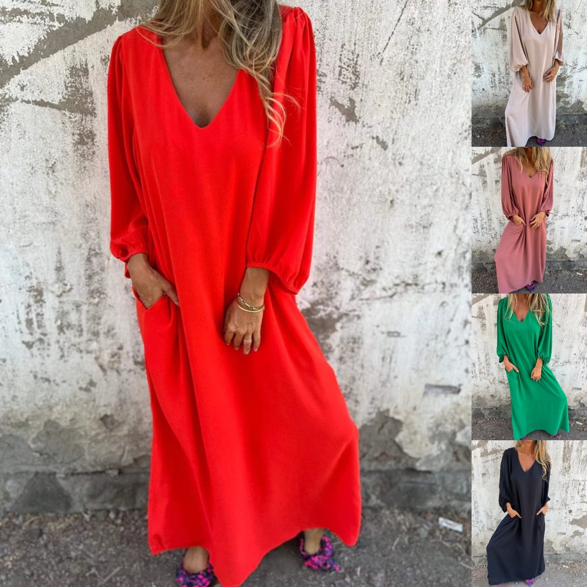 🔥Saldi eccezionali 49% di sconto🔥Abito con maniche a lanterna in tinta unita con scollo a V