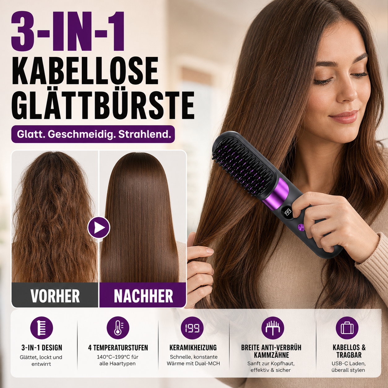 💇‍♀️🔥 3-in-1 Kabellose Glättungsbürste – glätten, locken, entwirren – USB-C, 4 Stufen – perfektes Haar überall! ✨