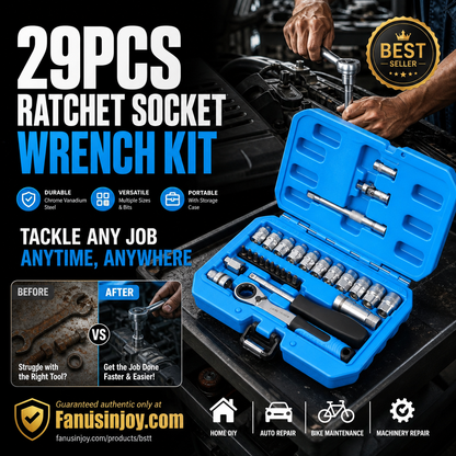 ⏳Zeitlich begrenztes Sonderangebot⏰29-teiliges Ratschen-Steckschlüssel-Set – Chrom-Vanadium-Stahl, 11 Stecknüsse & 10 Bits. Perfekt für Autoreparaturen & DIY 🛠️✨
