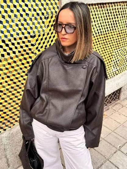 🔥Solange der Vorrat reicht 40 % Rabatt!🎉Schwarze Kunstlederjacke mit Stehkragen, übergroße Motorradjacke